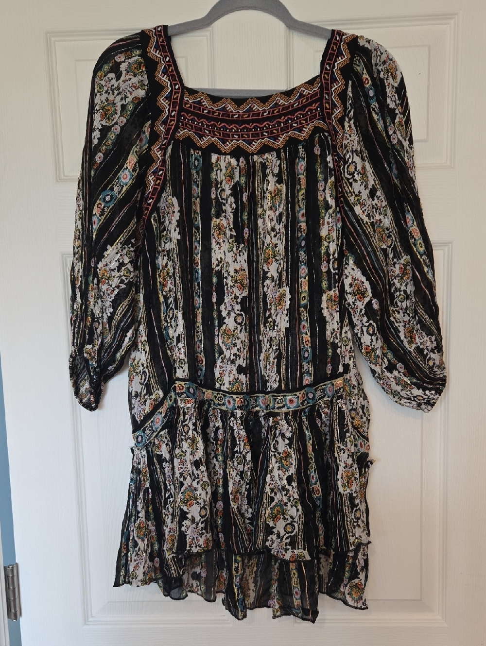 Free People Bohemian Black Floral Tiered Peasant Top Small / Oversized